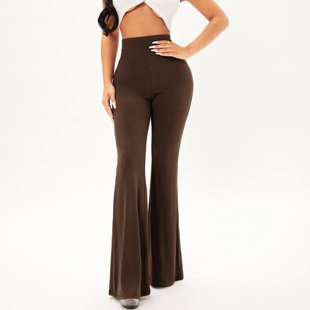 Solid Rib Knit Flare Leg Pants
